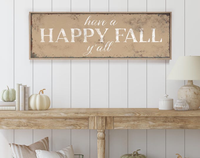 Autumn Canvas Art, Happy Fall Yall Sign, Cream and Sandy Tan Wall Decor