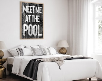 Meet Me at the Pool Sign, Black Distressed Poolside Canvas Wall Art, Backyard Decor