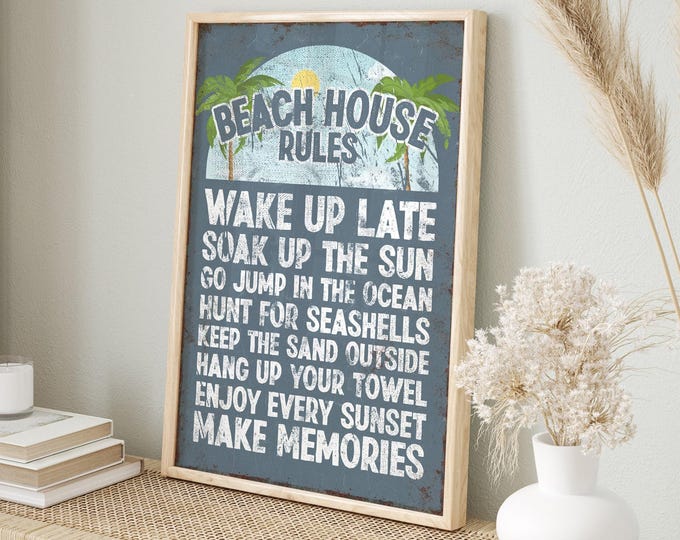 Beach Rules Decor Sign, Palm Tree and Rising Sun Wall Art, Rustic Slate Blue Coastal Print