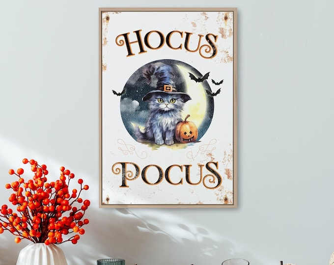 Framed Halloween Art, Hocus Pocus Sign, Black and Charcoal Wall Decor