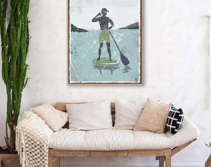Lake House Wall Art: Vintage Paddleboarder - Rustic Green Accent