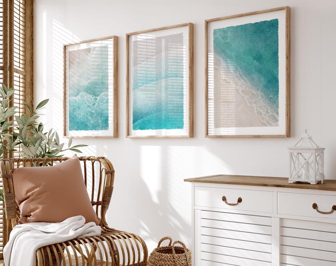 Ocean Wave Art Turquoise Teal Coastal Print Above Couch Beach Decor