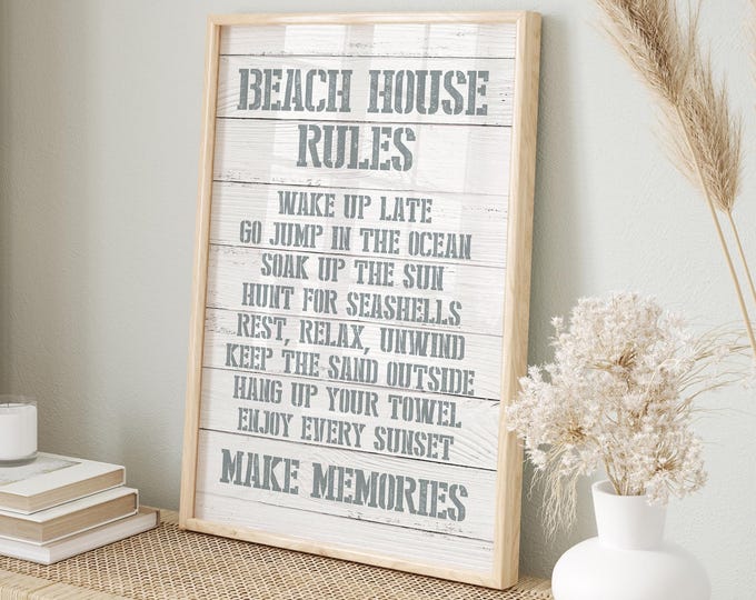 Coastal BEACH HOUSE RULES sign, Graphite Gray Stencil Lettering, White Faux Wood Planks, Classic Nautical Style for Neutral Seaside Cottage