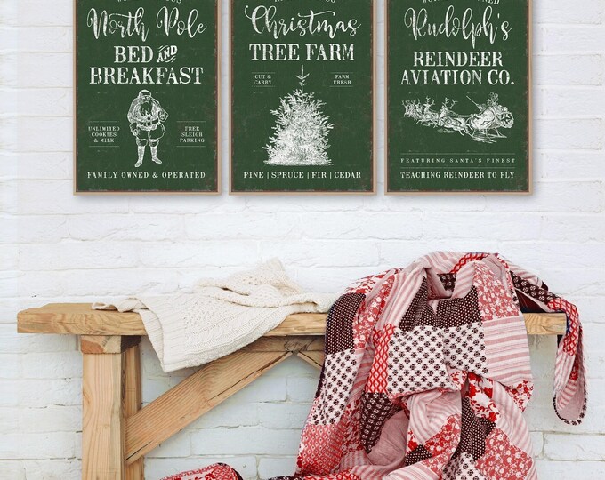 Green Reindeer Sign, North Pole Set of Three with Santa and a Tree Farm in Cream White