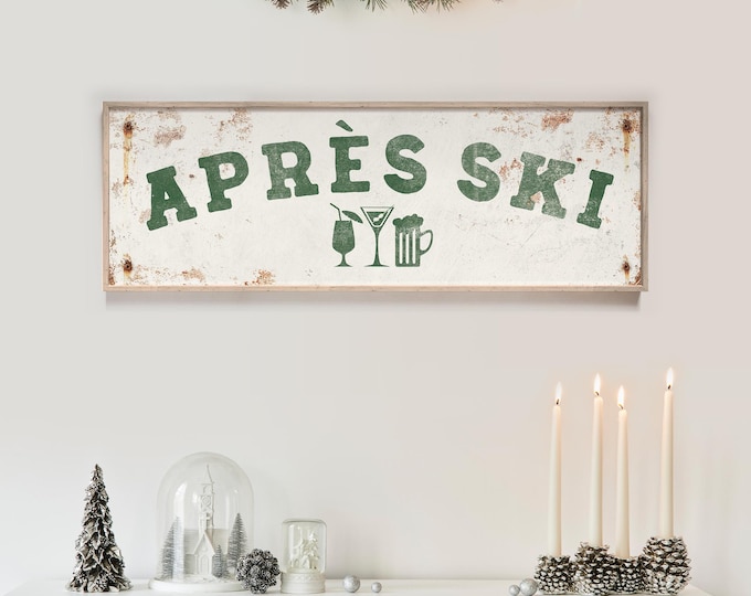 Green Ski Art, APRES SKI Cocktail Enamel Sign in Deep Green on Rusted Cream, Bar Wall Print