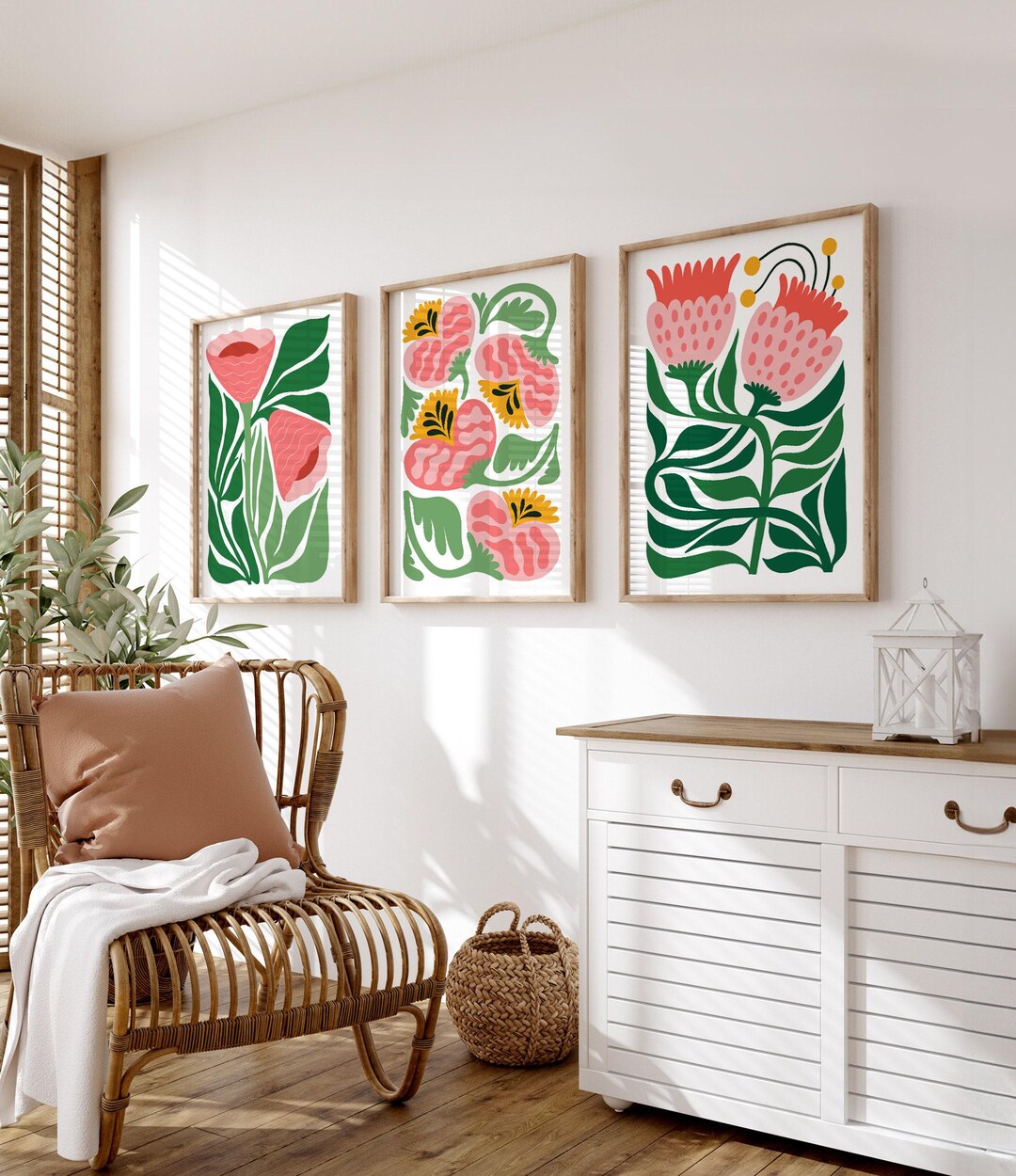 Pink Floral Canvas, 3 Piece Set of Flower Wall Art, Set of 3 Modern Art ...