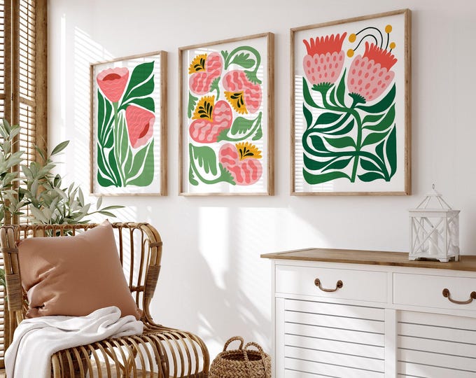Pink Floral Canvas, 3 Piece Set of Flower Wall Art, Set of 3 Modern Art Prints, Abstract Botanical Decor, Tropical Blocks Triptych • 406