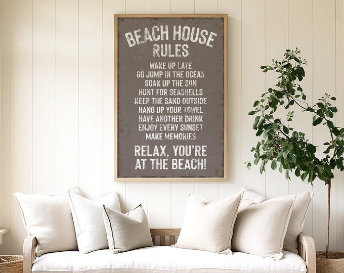 Vintage Sign for Beach House Rules, Warm Gray Taupe Distressed Wall Art, Coastal Cottage Print