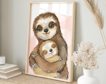 Mommy and Baby Sloth Wall Art, Watercolor Nursery Decor, Baby Shower Decor, Sloth Hugging Art