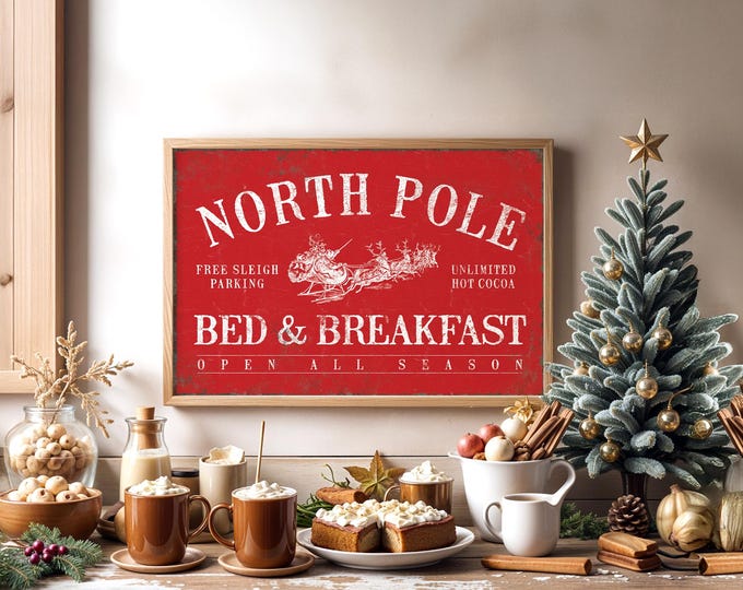 Santa Canvas, North Pole Bed and Breakfast with Flying Reindeer in Barn Red and Cream