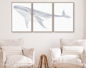 Art Print Above Bed, Modern Farmhouse Whale Triptych Wall Art, Calm Coastal Decor