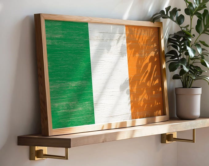 Vintage Irish Flag Wall Art, Green White Orange Tricolor Print, Rustic Pub Man Cave Decor