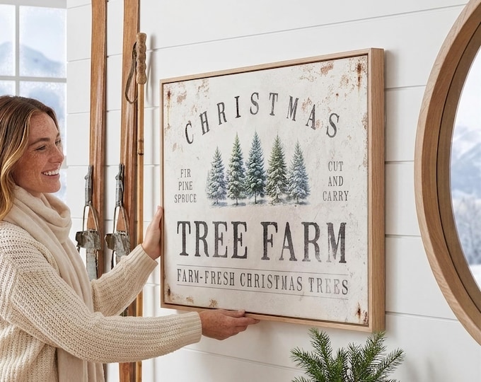 Tree Art, Cut and Carry Farm with Evergreens in Charcoal on Rust-Edged Cream