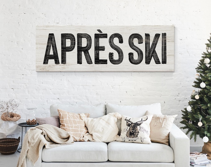 Black Ski Decor, APRES SKI Dry Brush Canvas on Whitewashed Cream, Gallery Wrapped Lodge Art