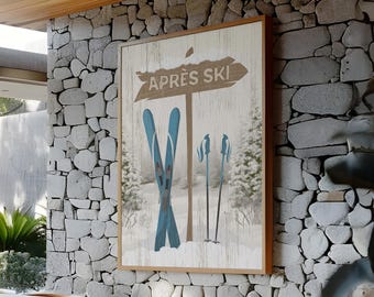 Gift for Ski House, Apres Ski Arrow Sign with Dusty Teal Skis, Whitewashed Cream Print