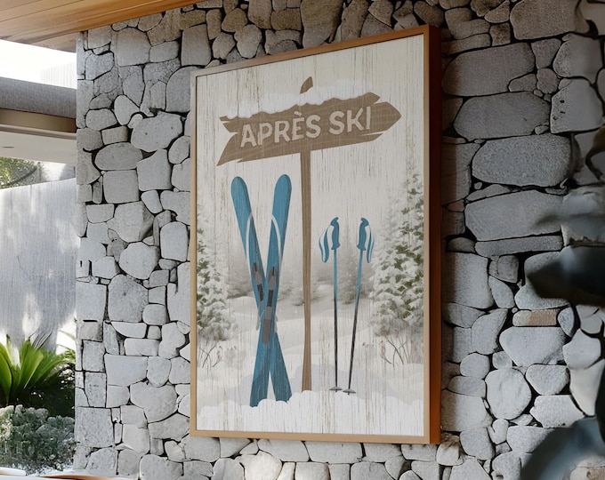 Gift for Ski House, Apres Ski Arrow Sign with Dusty Teal Skis, Whitewashed Cream Print