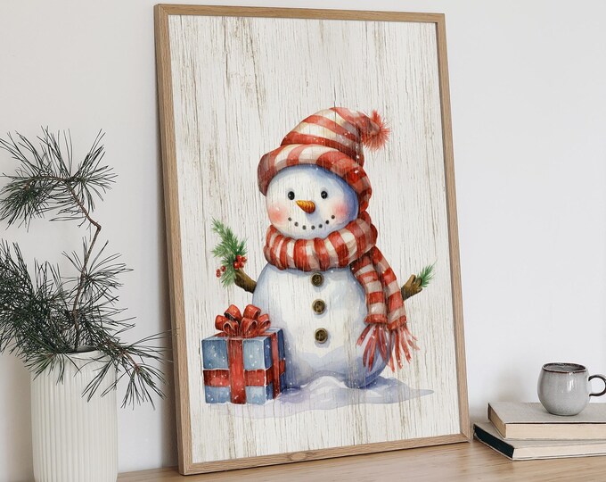 Snowman Family Wall Art, Watercolor Christmas Print with Red Scarf and Gift Box