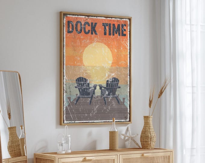 Beach Cottage Wall Art, Dock Time Sign, Adirondack Chairs (Aluminum Print)
