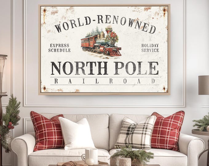 Large North Pole Railroad Sign, North Pole Train Rides, Christmas Sign with Train, North Pole Express, Classic Christmas Mantle Decor