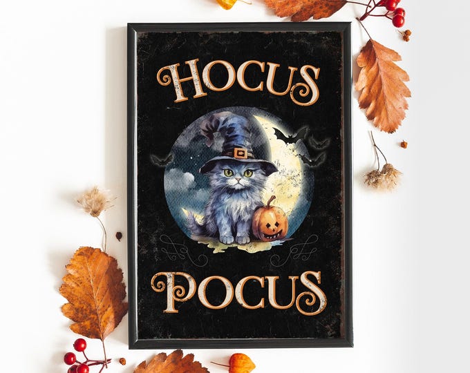 Autumn Sign, Fall Wall Decor, Halloween Wall Decor, Witch Hat Cat Print, Pumpkin with Bats, Cute Cat Costume Art for Seasonal Mantel