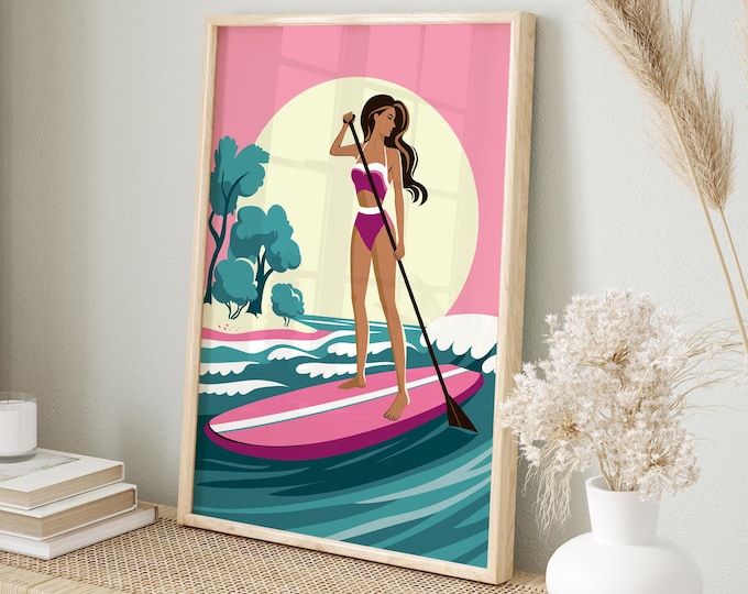 Retro Woman Paddleboarding, Paddleboard Wall Print, Coastal Cabin Gift, Paddle Board Art, Vintage Lake House Decor, Hot Pink Teal SUP Canvas