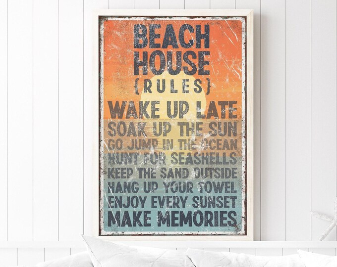 Retro Sunset BEACH HOUSE RULES Canvas Print, Vintage Beach Poster for Vacation Rental Decor, Extra Large Beach House Rules Wall Art