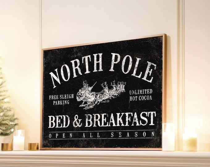 North Pole Christmas Sign: Rustic Holiday Wall Art (Canvas or Aluminum)