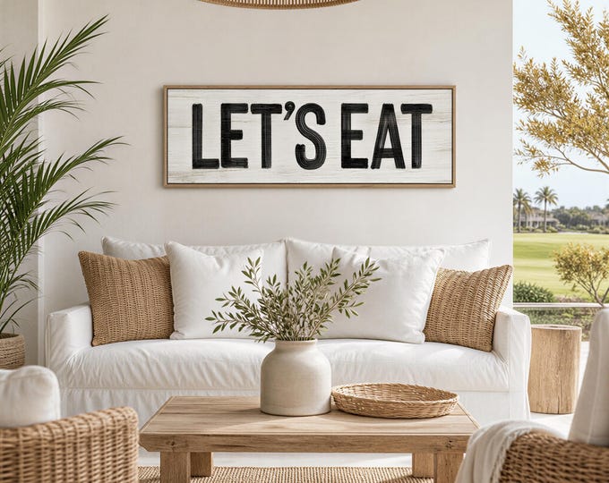 Lets Eat Sign Seasonal Wall Art, Rustic Kitchen Decor, White Black Print, Vintage Farmhouse Style, Holiday Gift Idea