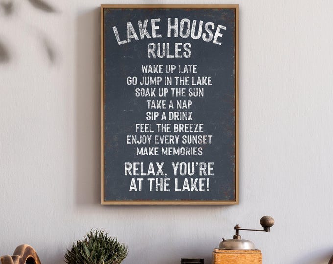 Framed Lake Art, Vintage Lake House Rules Sign in Charcoal for the Cabin