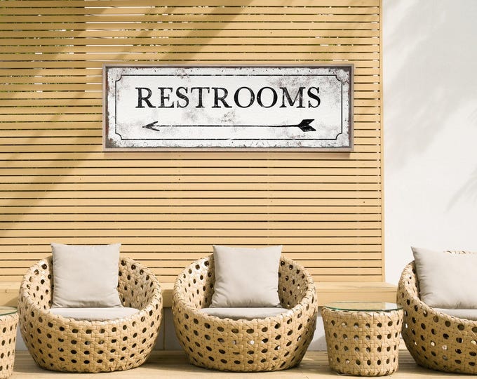 Antique Bathroom Arrow Sign, Vintage Directional Sign, Arrow Pointing Left and Faux Rusty Edge, Rustic White Canvas or Aluminum Metal Print