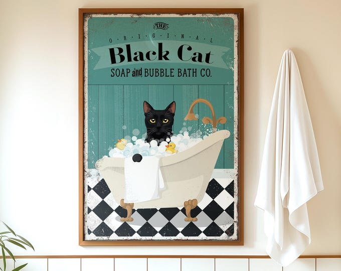 Black Cat Bathroom Art, Teal Bubble Bath Sign, Funny Vintage Clawfoot Tub Decor