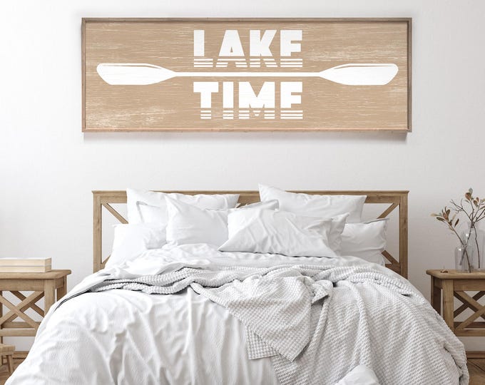 Retro Lake Time Sign, Cracked Wood Home Decor, Lake Art for Living Room, Nautical Gift Idea, White on Latte, Vacation Rental Lake Decor