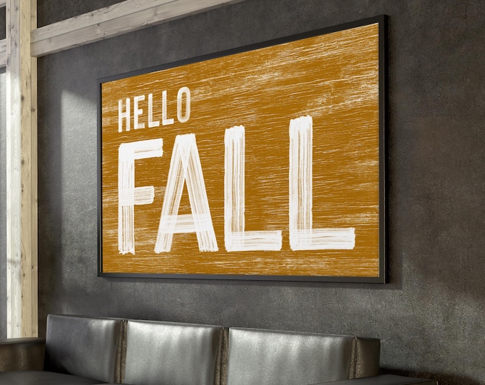 Hello Fall Sign in Caramel, Vintage Farmhouse Decor, Modern Farmhouse Sign, Seasonal Wall Art, Framed Autumn Wall Decor, Halloween Decor
