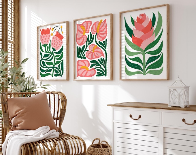 Spring Pink Flower Triptych Set, Botanical Wall Art, Set of 3 Pink Flower Canvas Prints, Floral Triptych Art, Tropical Blocks Triptych • 408