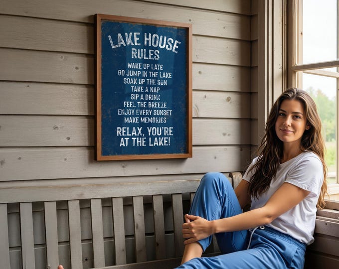 Vintage Lake House Rules Canvas with Distressed Finish for Vacation Rental Wall