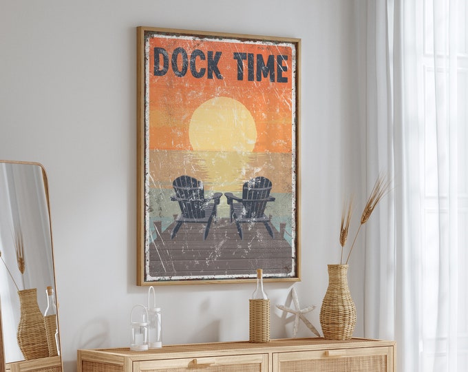 DOCK TIME sign, Adirondack chairs on the dock, vintage beach house decor, beach canvas prints, beach gift for couple
