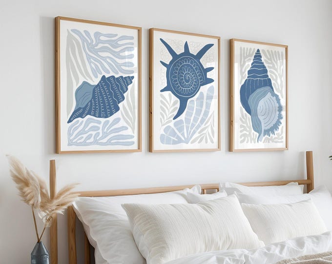 Set of 3 Seashell Prints for Modern Beach House Decor, Light Blue Gray Ocean Triptych, Coastal Canvas Wall Art, Dusty Blue Gray Shells • 344