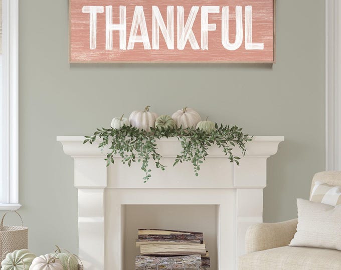 Autumn Home Decor, Thankful Coral Peach Sign, Weathered Wall Art
