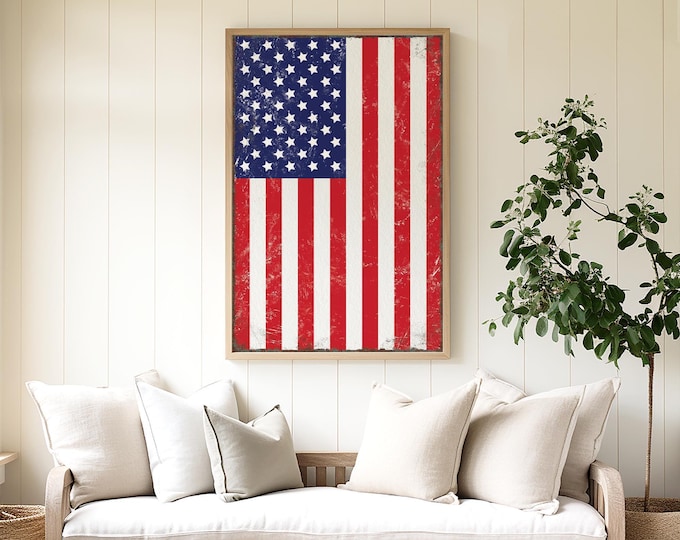 Vertical American Flag Sign, Distressed USA Flag Poster – Farmhouse Wall Art