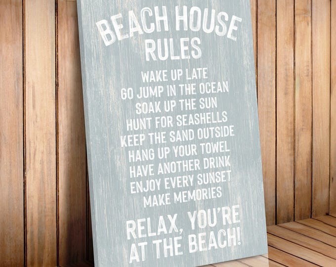 Beach House Rules Sign — Smoke Gray Retro Coastal Print, Rustic Wood Frame