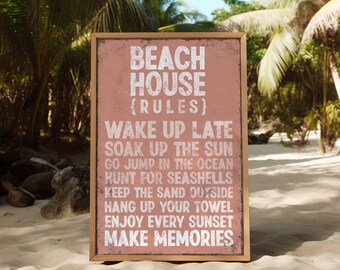Vintage Coral Beach House Rules Sign - Large Pink Coastal Wall Art