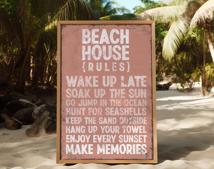 Vintage Coral Beach House Rules Sign - Large Pink Coastal Wall Art