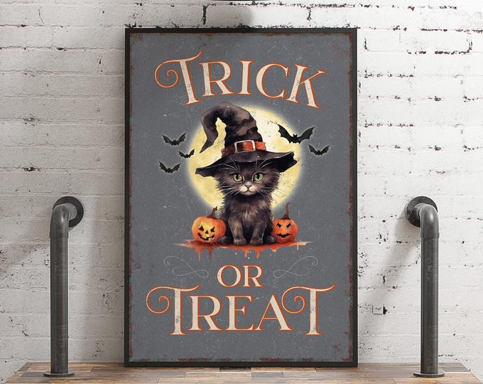 Halloween Wall Sign, Trick Or Treat Print, Grey and Cream Decor