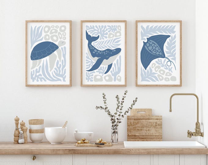 Light Blue Gray Marine Triptych, Set of 3 Coastal Canvas Prints, Modern Beach Home Decor, Ocean Scene Wall Art, Turtle Whale Stingray • 348
