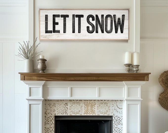 Vintage Let It Snow Sign, Black and White Christmas Decor, Modern Farmhouse Faux Splintered Wood Sign, Canvas Seasonal Cabin Wall Art Print