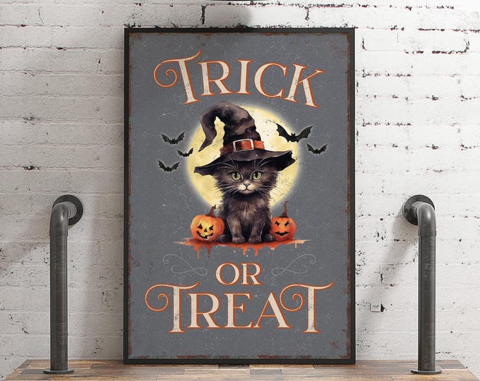 Cozy Autumn Cat Sign: Witch Hat and Pumpkin Theme (Canvas or Paper)