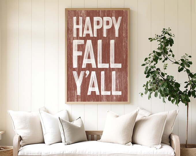 Farmhouse Fall Decor, Happy Fall Yall Sign, Cream Weathered Wall Art