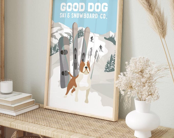 Winter Lodge Decor, Bulldog Ski Poster for Cozy Cabin or Chalet Walls