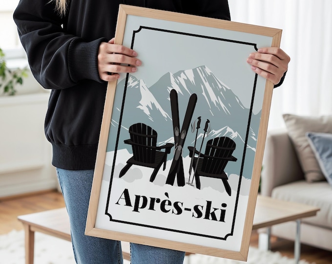 Apres Ski Print in Blue and Gray, Adirondack Chairs Snowy Mountain Wall Art, Cabin Gift