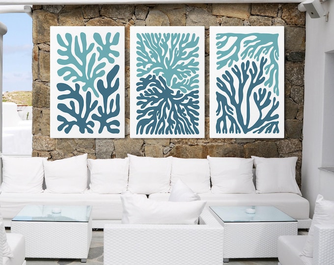 Beach House Art Coral Triptych, White And Blue Coastal Wall Set